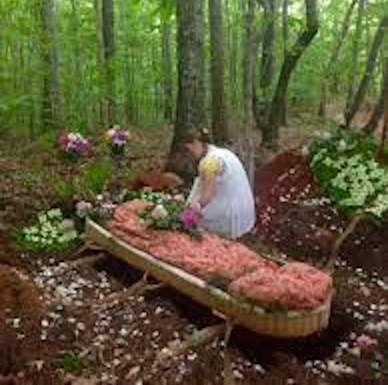 shrouded body in wicker tray